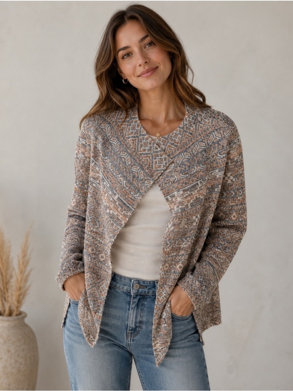 Lucky Brand Aztec Open Front Tribal Knit Taupe Cardigan Sweater Size Medium